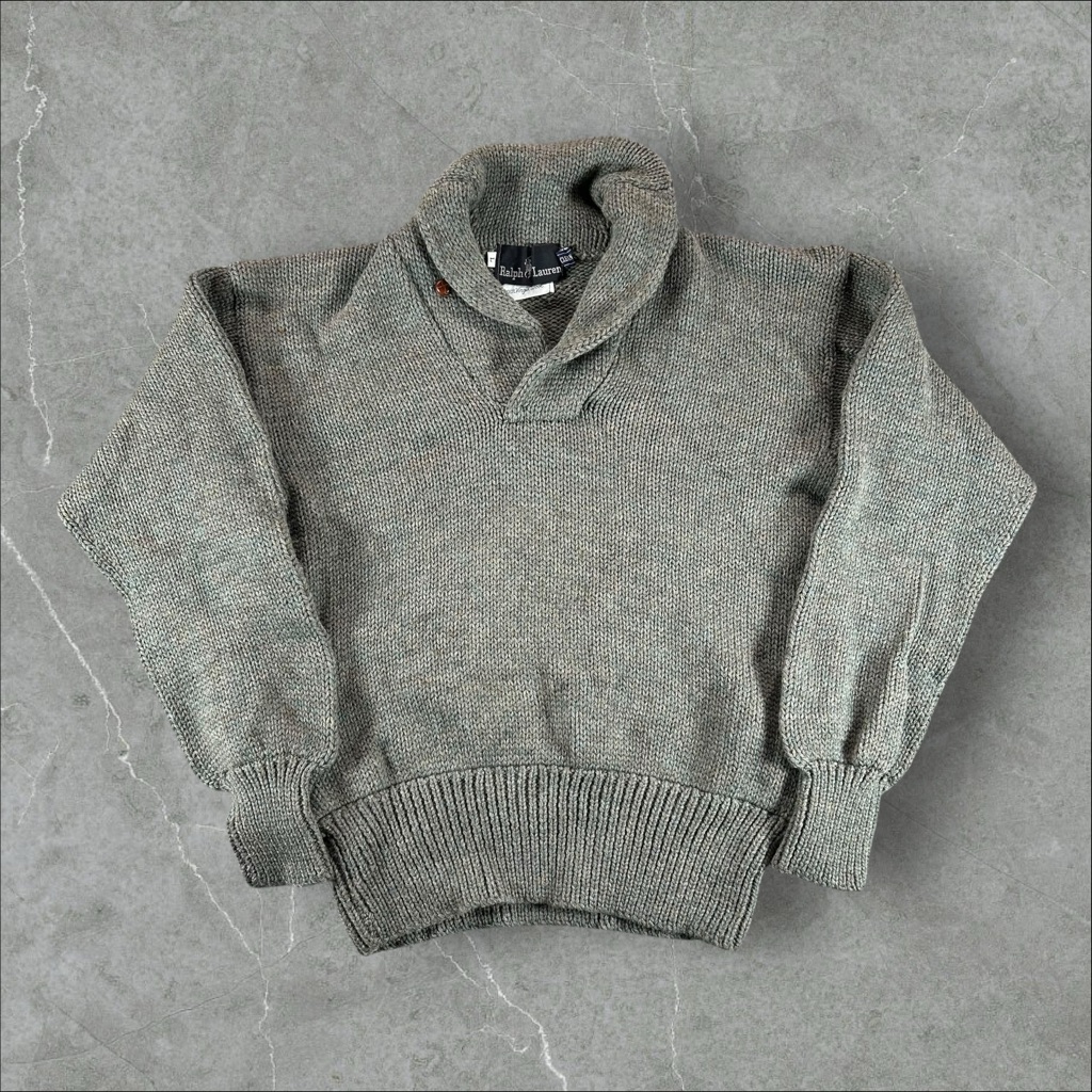 Vintage Ralph Lauren Sweater Mens Large Grey 1970s Virgin Wool Shawl Collar Rare